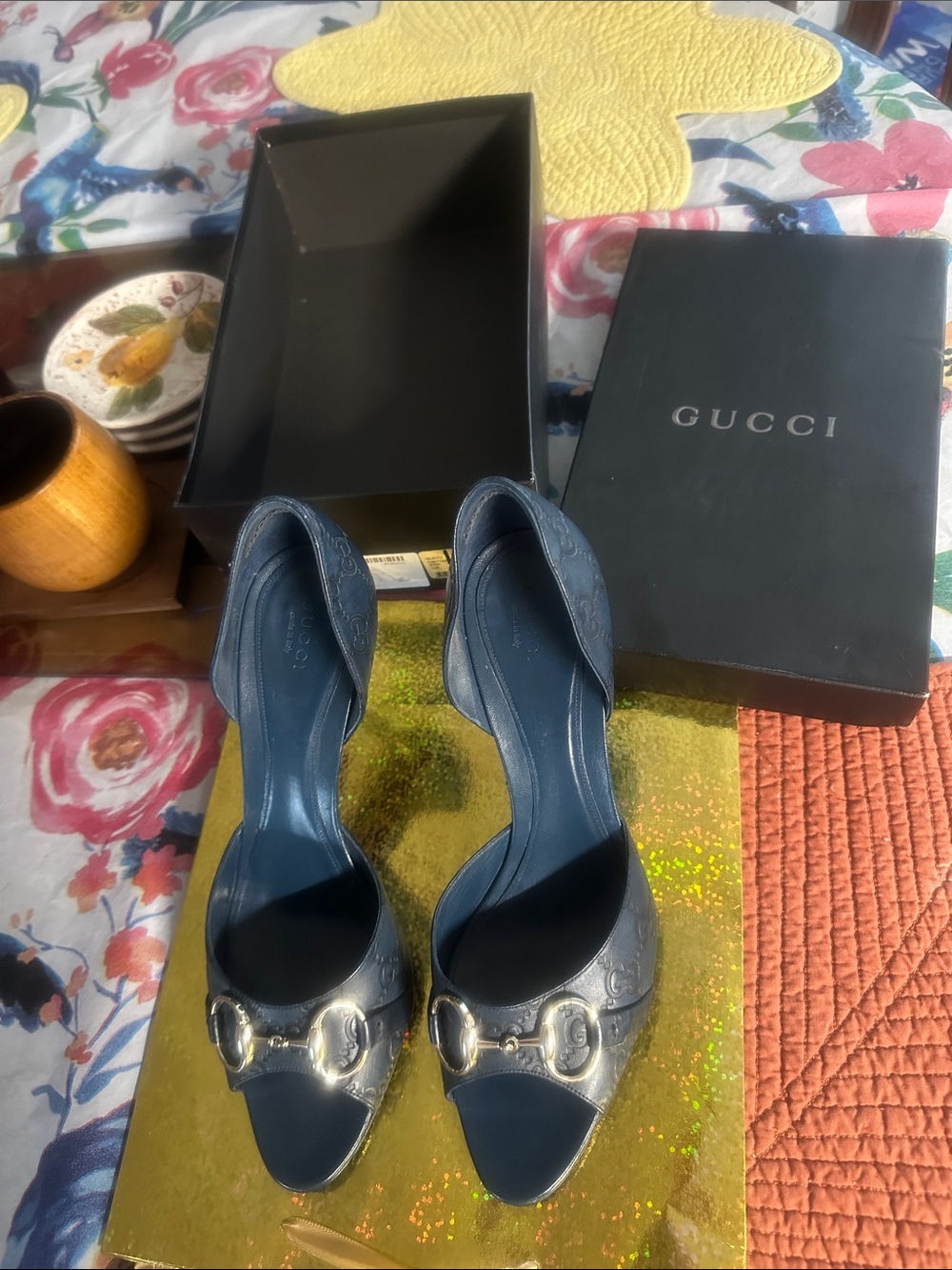 Gucci Dark Navy Blue Guccissima Leather Horsebit Open-Toe Peep Heels Pumps